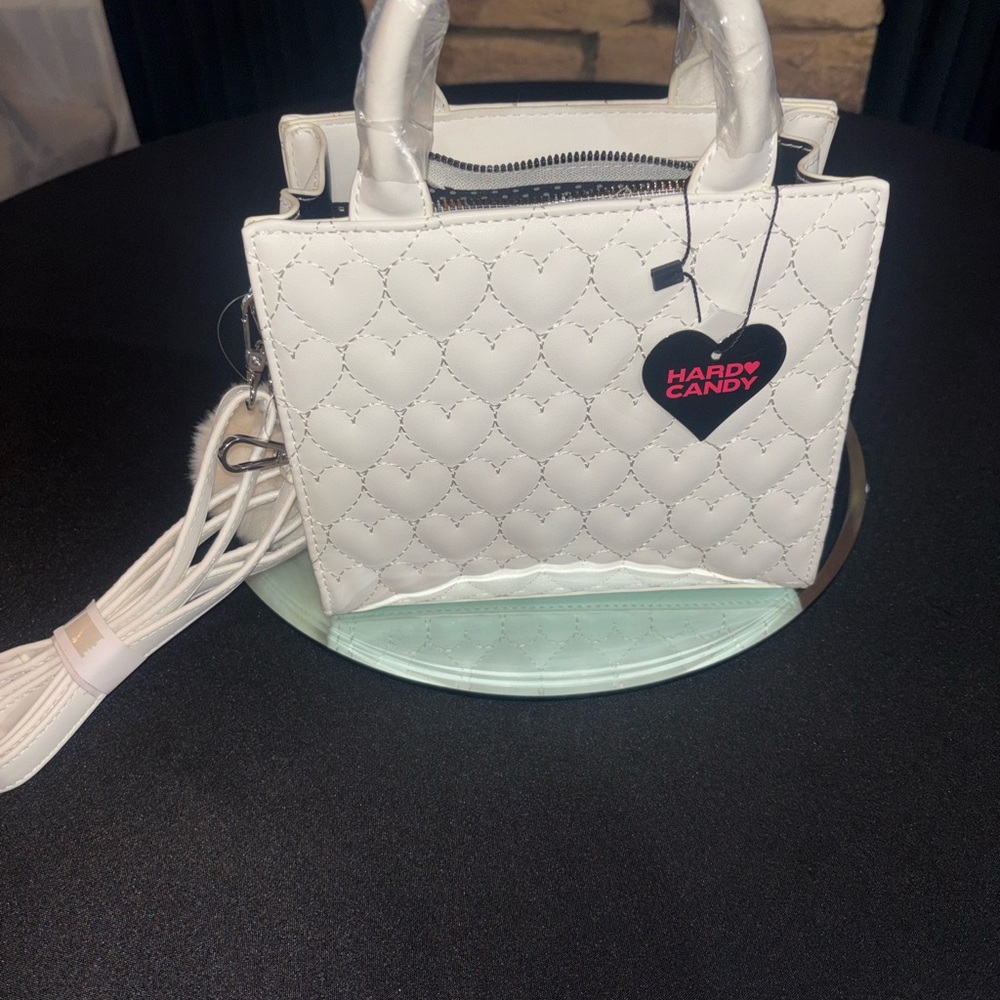 White Quilted Heart-Pattern Handbag with Pom Pom - Picture 2 of 7